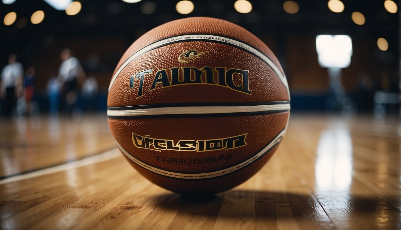 A regulation-sized basketball for 12-year-olds, approved by basketball associations, sits on a clean, indoor court with hardwood flooring and bright overhead lighting