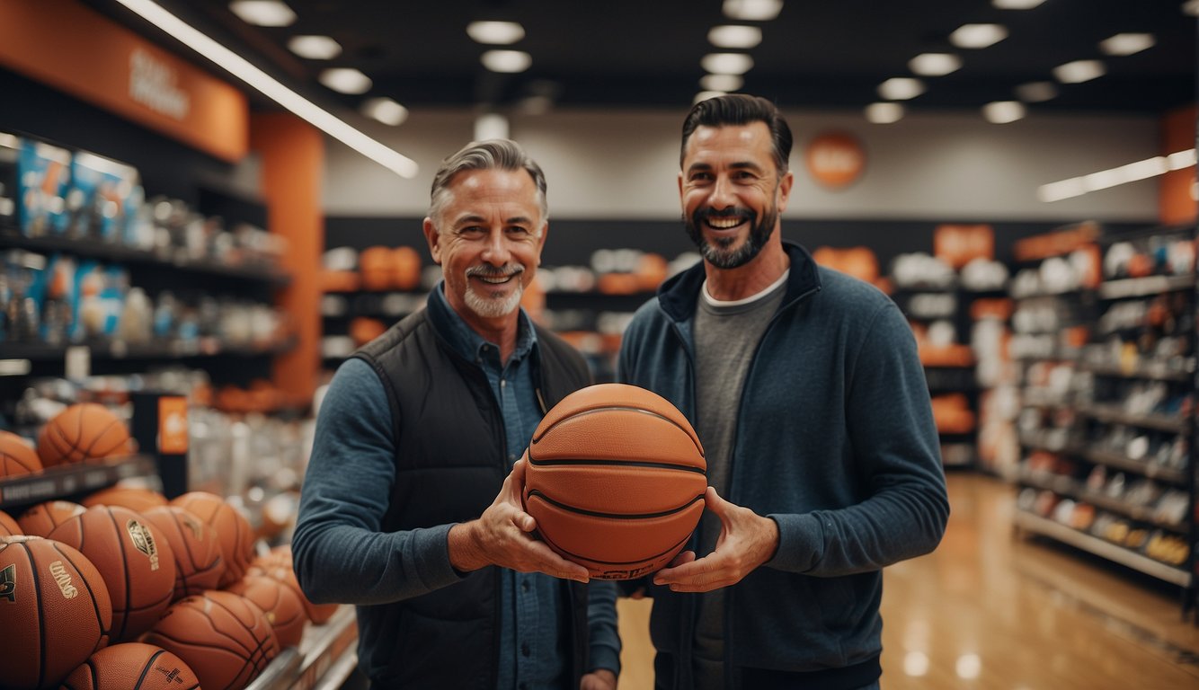 A parent buys a basketball at a sports store. They also purchase an air pump and needle for maintenance