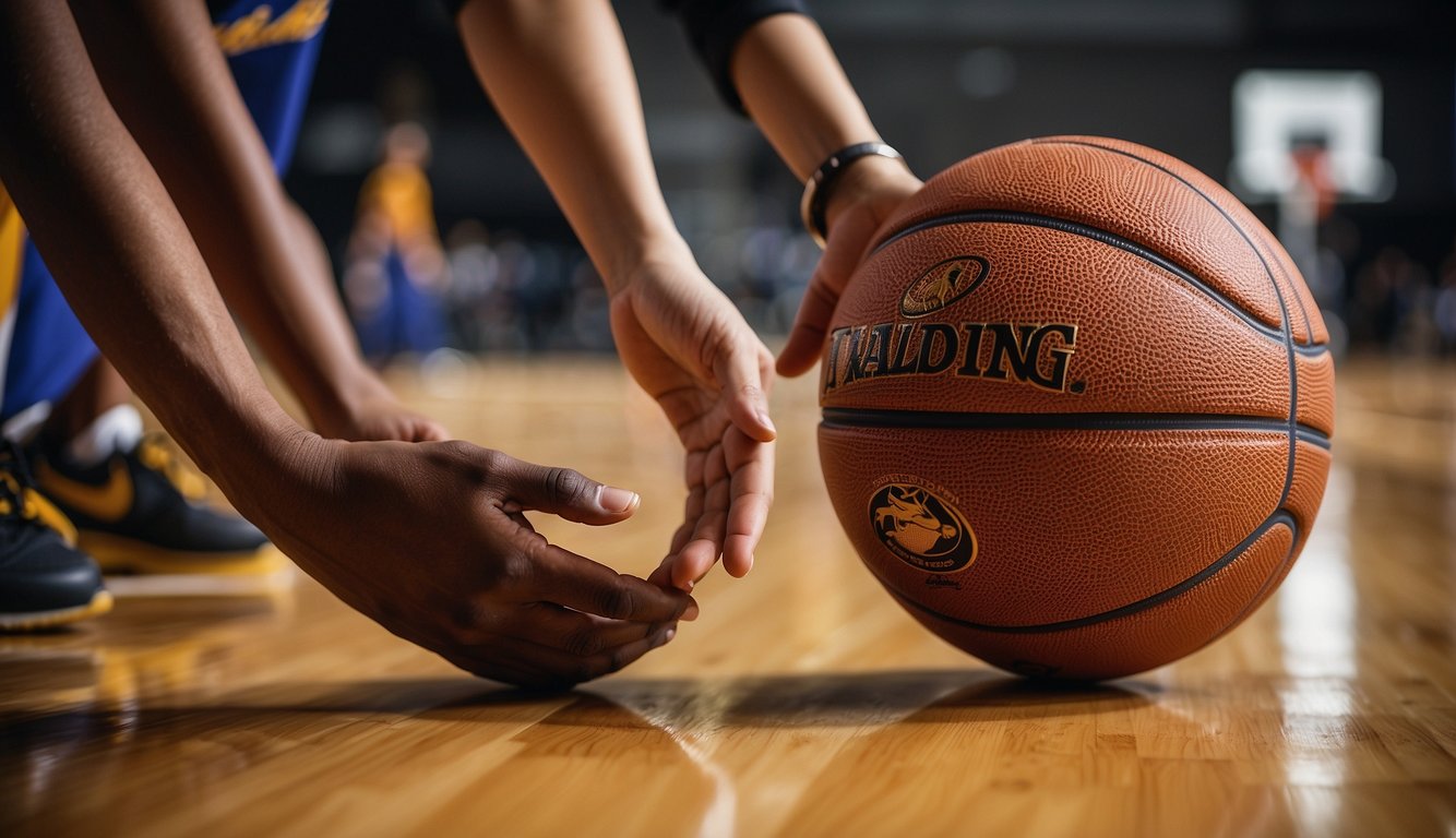 A 12-year-old's hand holding a regulation-sized basketball, with a parent or coach providing guidance on proper grip and handling techniques