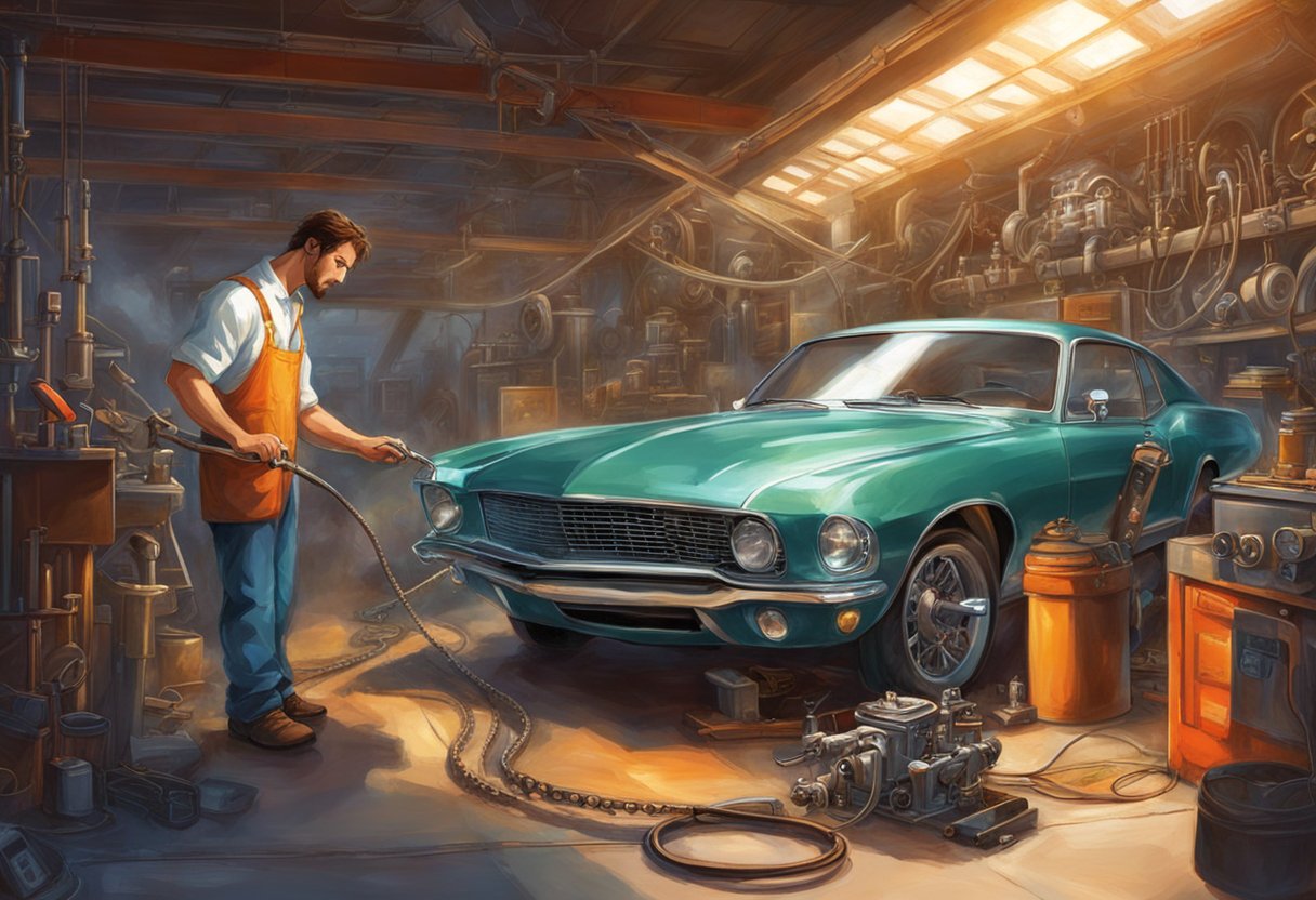 The engine timing chain is being adjusted with tools and a diagnostic scanner connected to the vehicle. The mechanic is working in a well-lit and organized garage