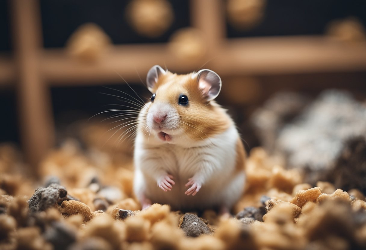 A hamster sitting in its cage, surrounded by bedding and a small pile of droppings, with a curious expression on its face