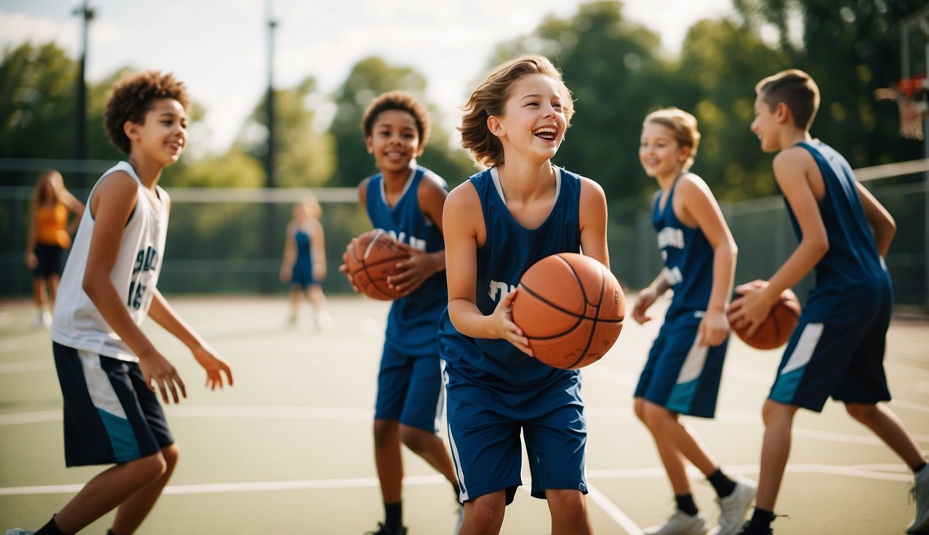 A group of 12-year-olds playing basketball with a smaller-sized ball, laughing and having fun on a sunny outdoor court