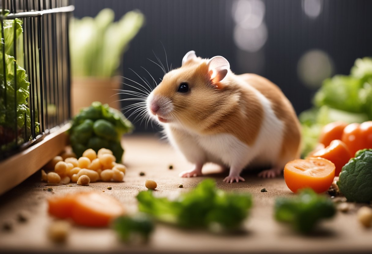 A hamster sits in its cage, surrounded by food and bedding. It nibbles on a piece of fresh vegetable while a small pile of droppings sits in the corner