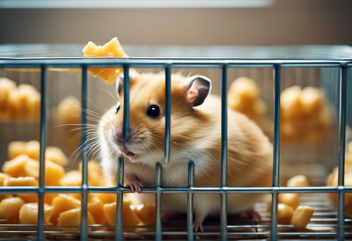 A hamster sits in its cage, surrounded by food and water. It looks at its own feces before picking it up and consuming it
