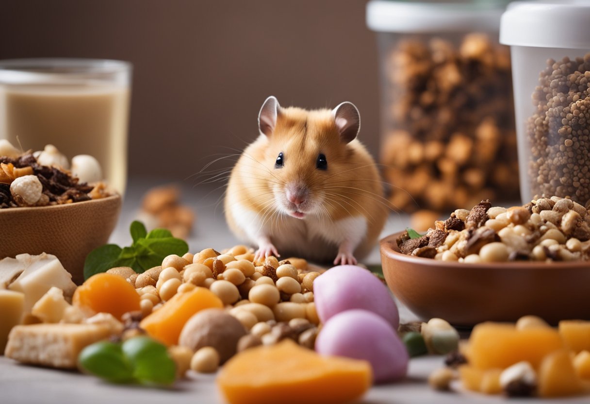 A hamster surrounded by various food items, with a small pile of feces nearby