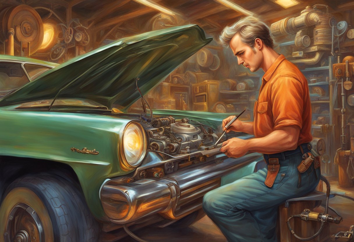 A mechanic diagnosing engine timing issues with a diagnostic tool and referencing a website for troubleshooting steps