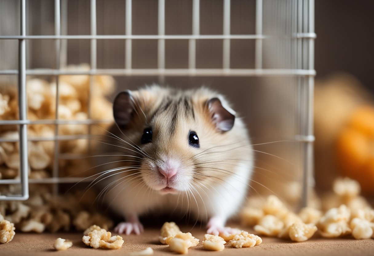 A hamster sits in a cage, surrounded by bedding and food. A small pile of droppings can be seen nearby, as the hamster nibbles on a piece of food