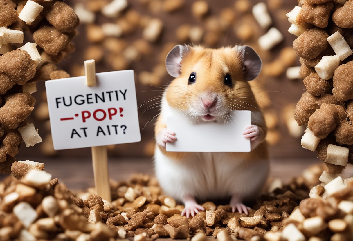 A hamster surrounded by scattered poop, looking at a sign that reads "Frequently Asked Questions: Do hamsters eat their own poop?"
