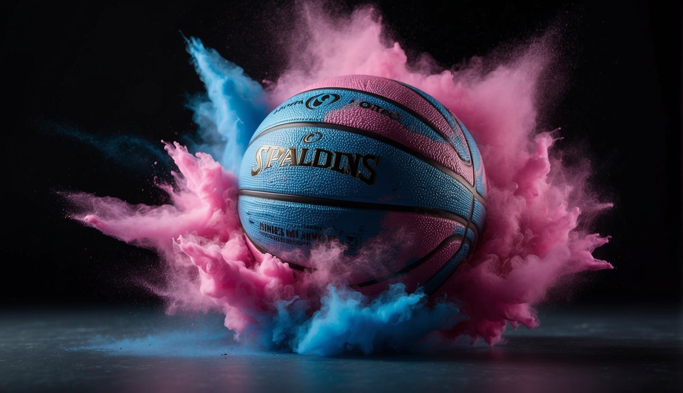 A basketball bursting open with pink or blue powder, revealing the gender of the baby