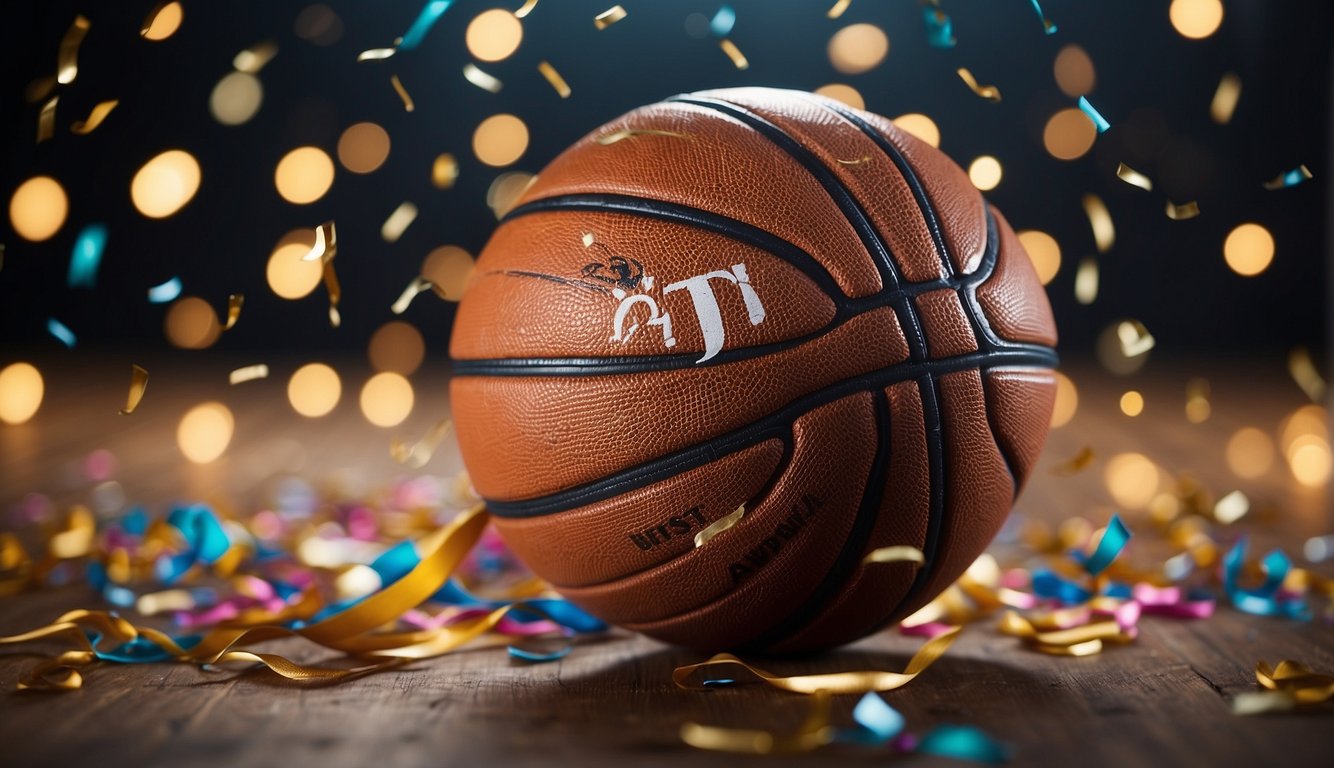 A basketball and a bow tied together, surrounded by confetti and streamers, with "It's a..." written in bold letters above