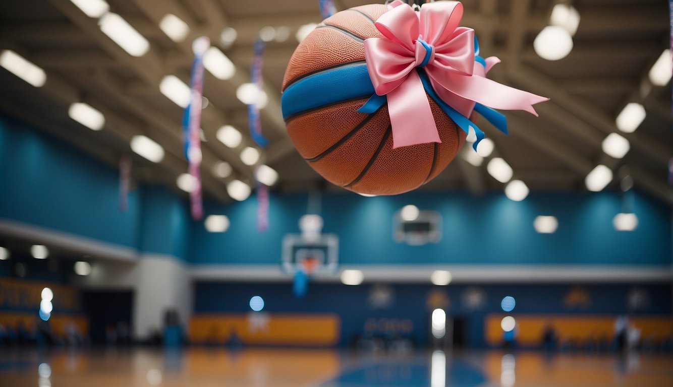 A basketball and a pink or blue bow hanging from the ceiling in a decorated venue