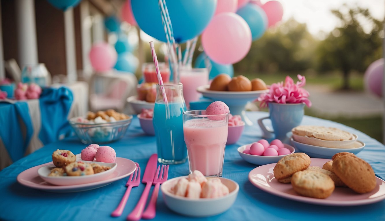 A table displays blue and pink-themed food and drinks for a gender reveal party, with basketball and bows as decorative elements