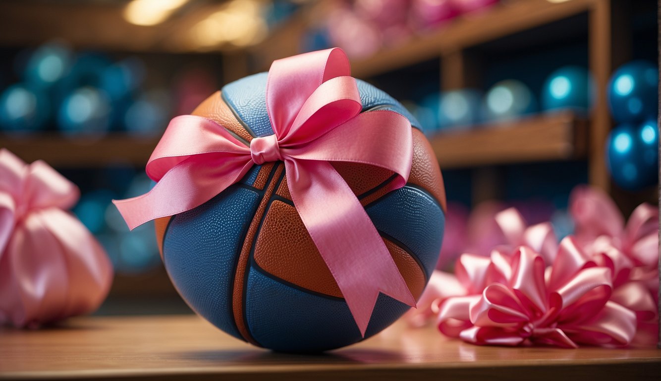 A basketball and a pink bow sit on a store shelf, surrounded by blue and pink decorations