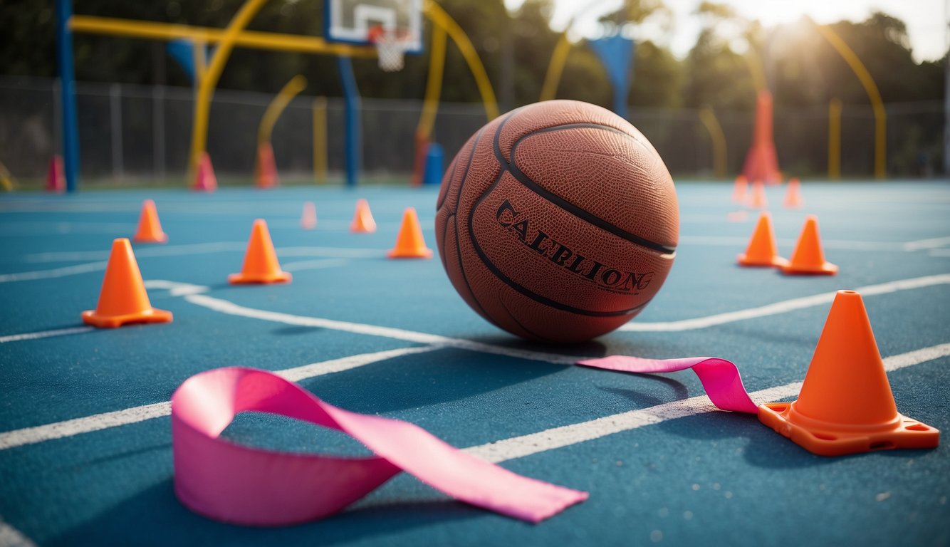 A basketball bouncing on a court with a pink or blue bow tied to the net, surrounded by safety cones and caution tape