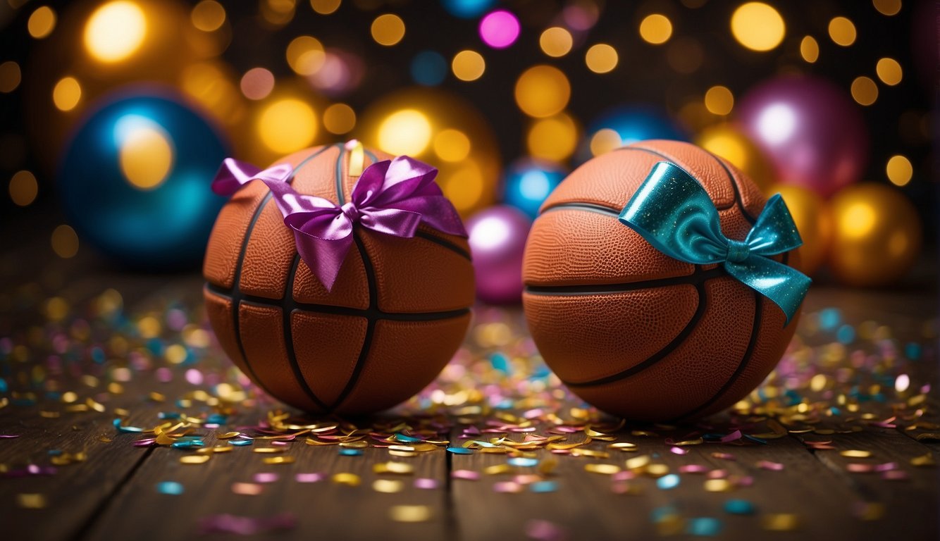 A basketball and a bow are placed side by side, surrounded by colorful confetti and streamers, creating a festive and vibrant atmosphere for a gender reveal celebration