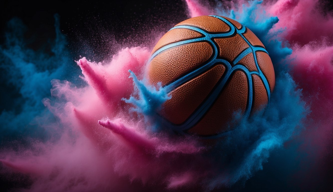 A basketball bursting open with blue or pink powder, revealing the baby's gender