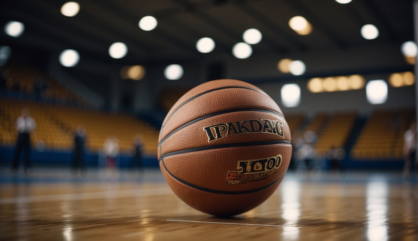 A basketball bouncing on a court, surrounded by empty bleachers and a hoop in the background