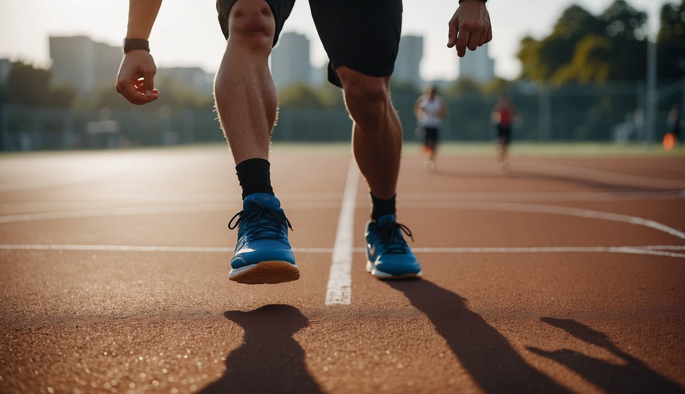 A person running on a basketball court, doing push-ups, and stretching