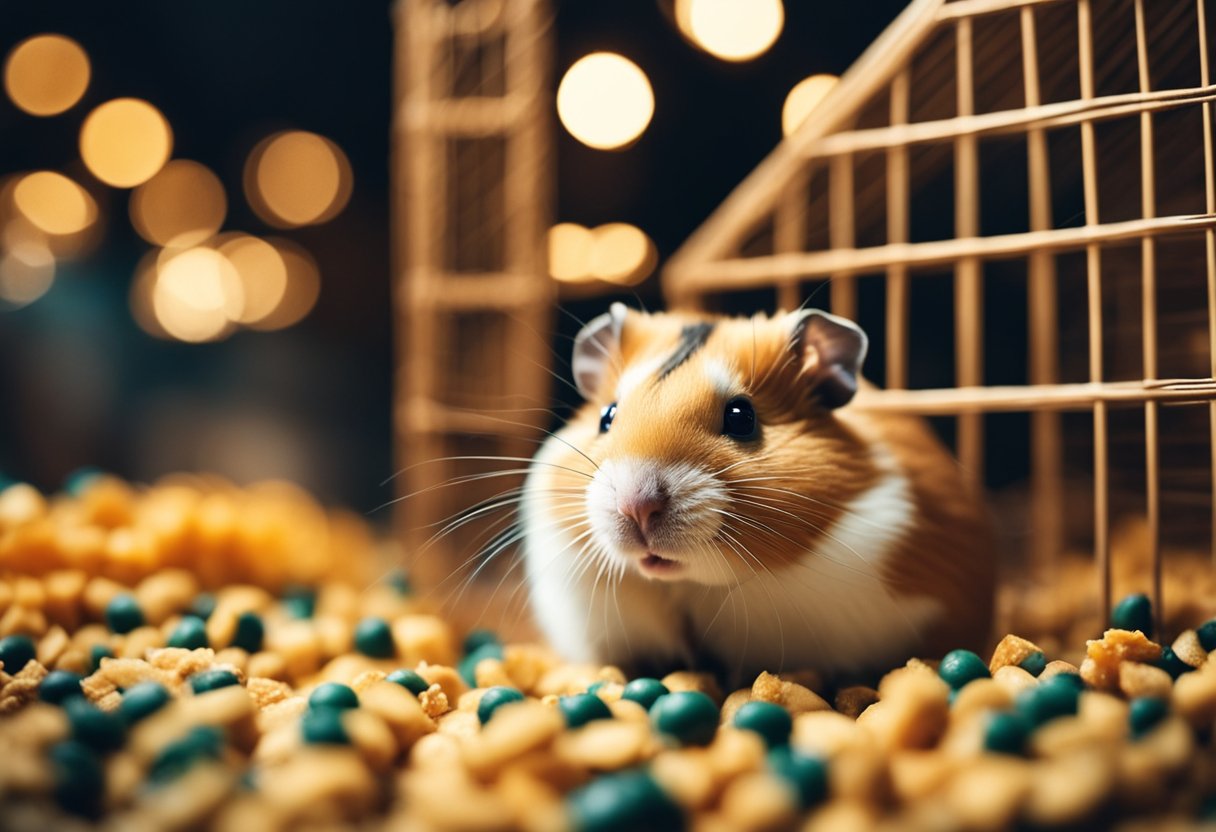 A hamster nibbles on guinea pig food in a cage