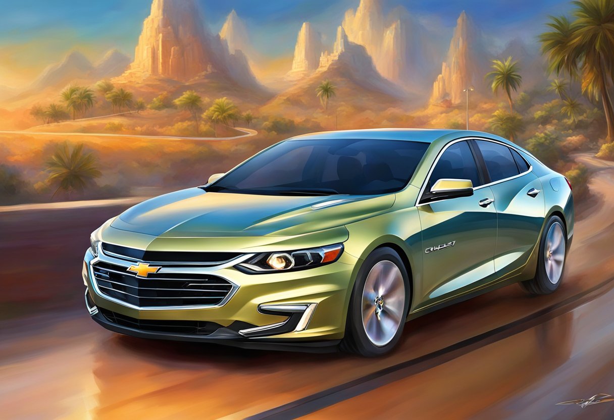 The Chevrolet Malibu glides smoothly around a sharp corner, its sleek body hugging the road. The powerful engine purrs as it effortlessly accelerates down the open highway