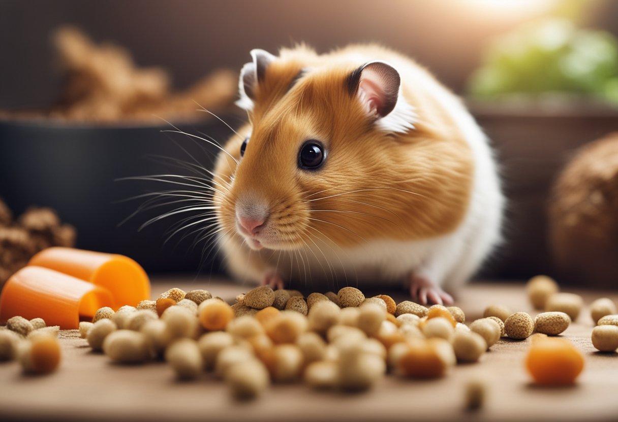 A hamster examines a bowl of guinea pig food, sniffing and nibbling at the pellets. Text nearby reads "Nutritional Requirements of Hamsters."
