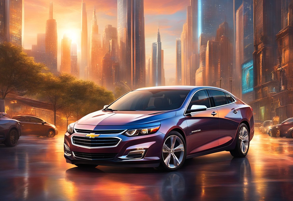 A Chevrolet Malibu parked in a modern urban setting, surrounded by tall buildings and bustling with people and traffic. The car's sleek design and advanced technology stand out against the city backdrop