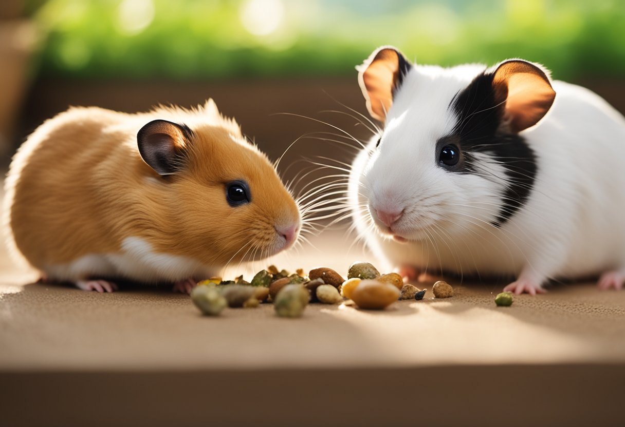 A hamster and a guinea pig sit next to each other, each eating from their own food bowl. The hamster looks at the guinea pig's food with curiosity