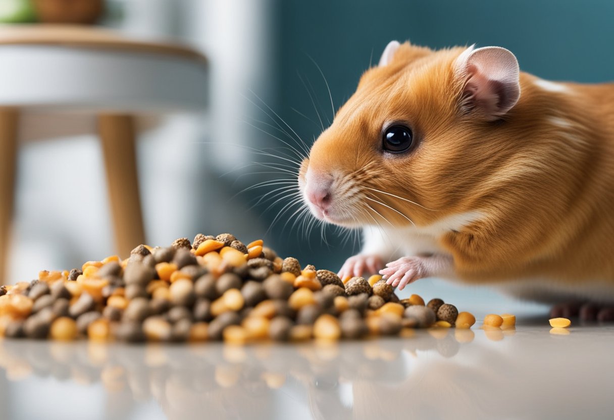 A curious hamster sniffs at a pile of guinea pig food, while a small sign reads "Frequently Asked Questions: Can hamsters eat guinea pig food?"