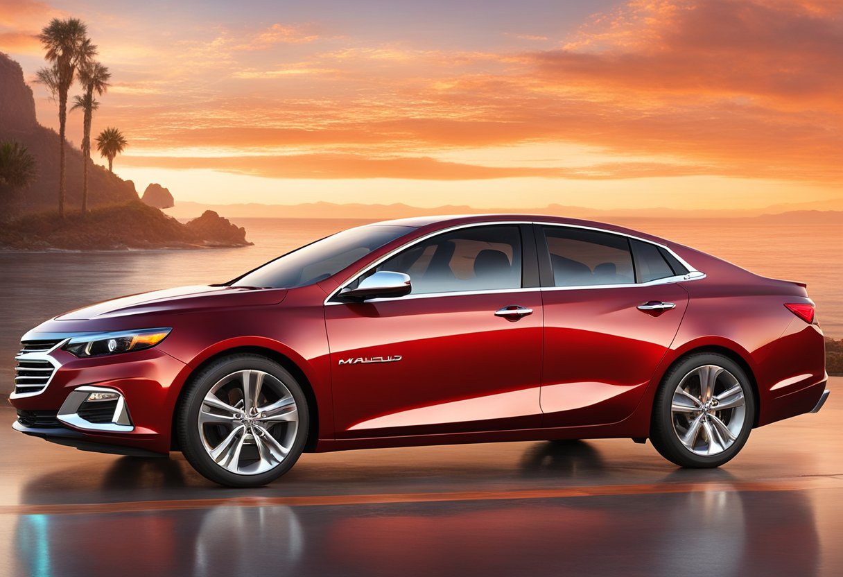 The Chevrolet Malibu sits in a sleek, modern showroom, surrounded by advanced features and options. The car's clean lines and polished exterior catch the light, while the interior showcases cutting-edge technology and comfort