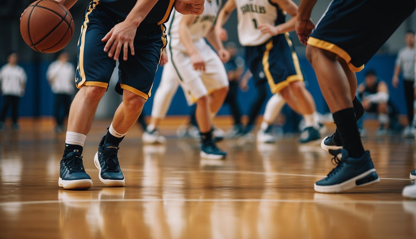 Players dribble, shoot, and run drills on a basketball court during tryouts