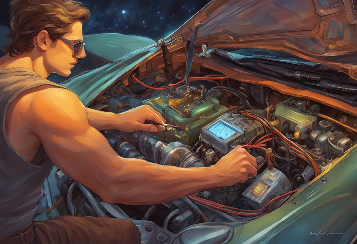 A car's engine compartment with a mechanic using a multimeter to test the throttle position sensor. Wires and connectors are visible