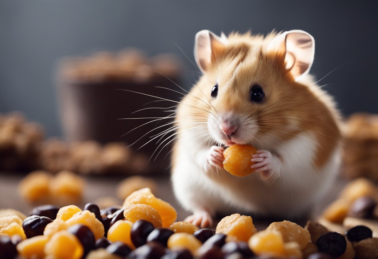A hamster eagerly nibbles on a pile of raisins, its small paws holding the sweet treats as it munches away