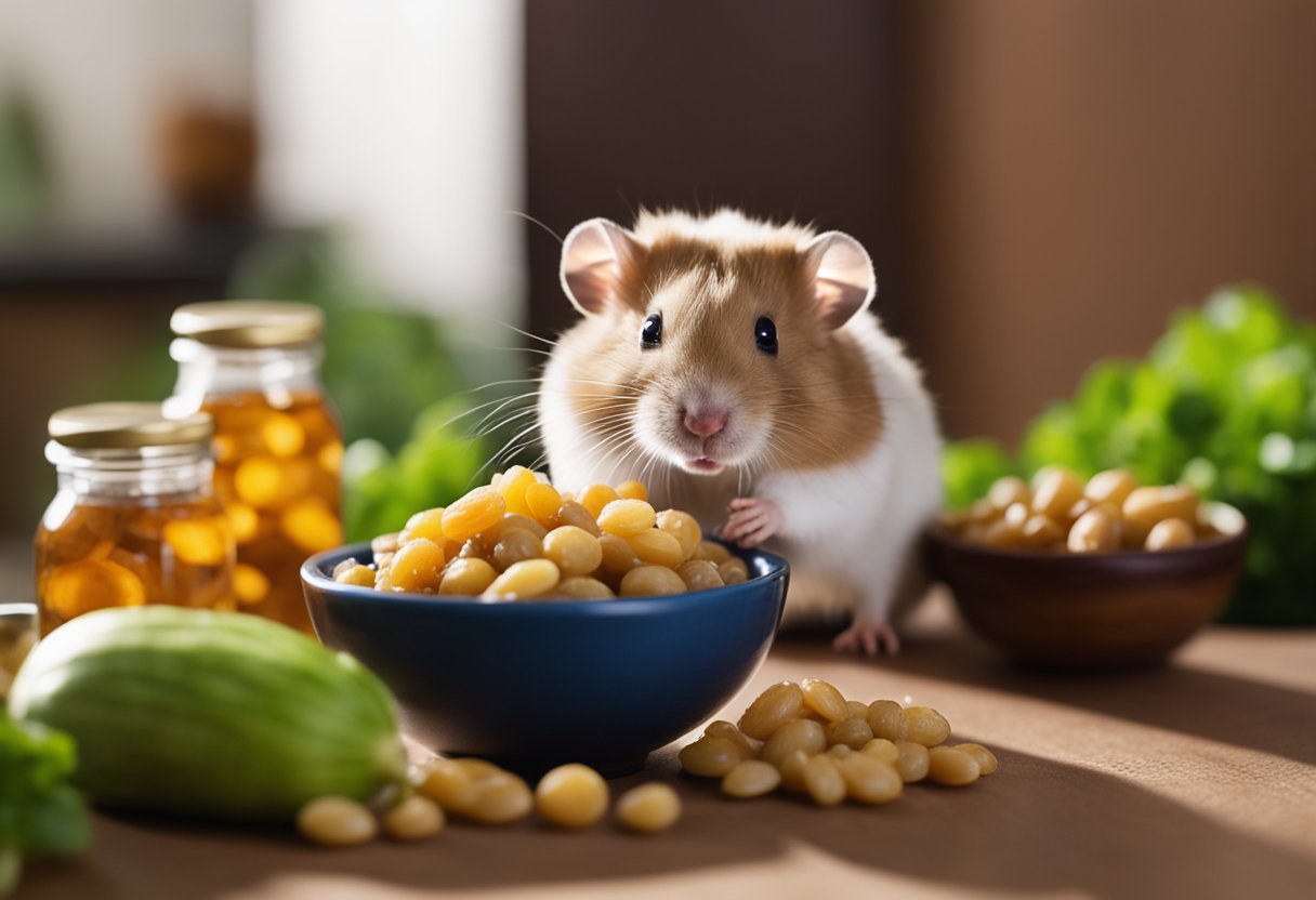 A hamster sits beside a small pile of raisins, looking curious. A bowl of fresh vegetables and a water bottle are nearby