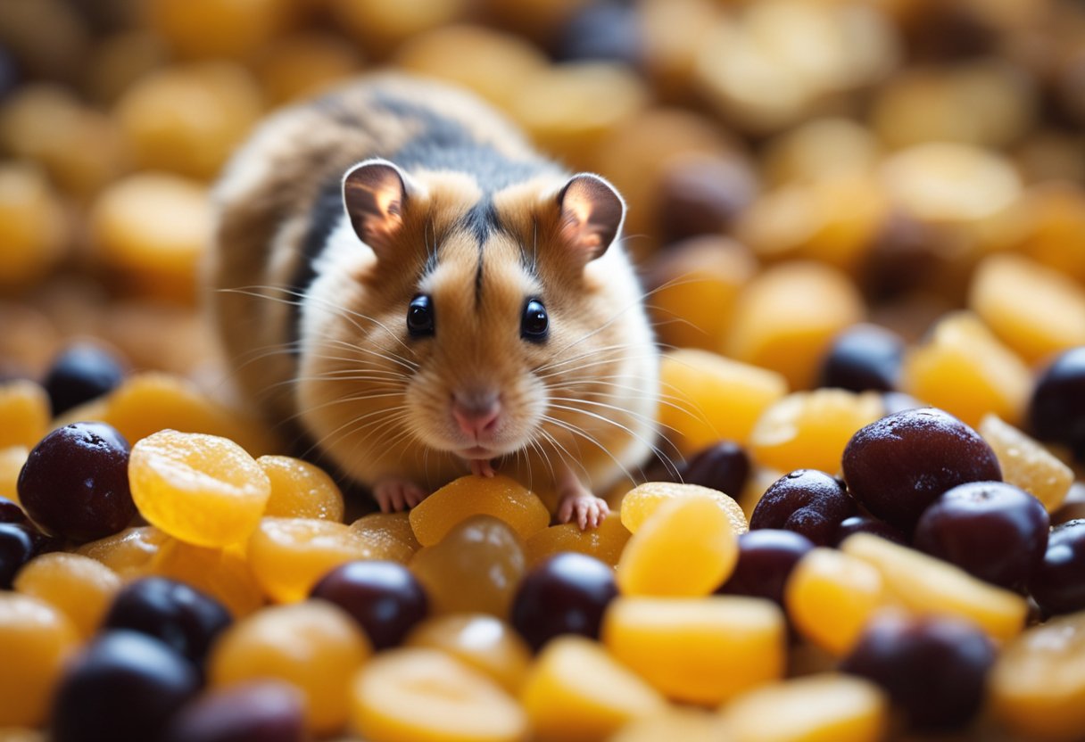 Hamsters munching on raisins, scattered on bedding