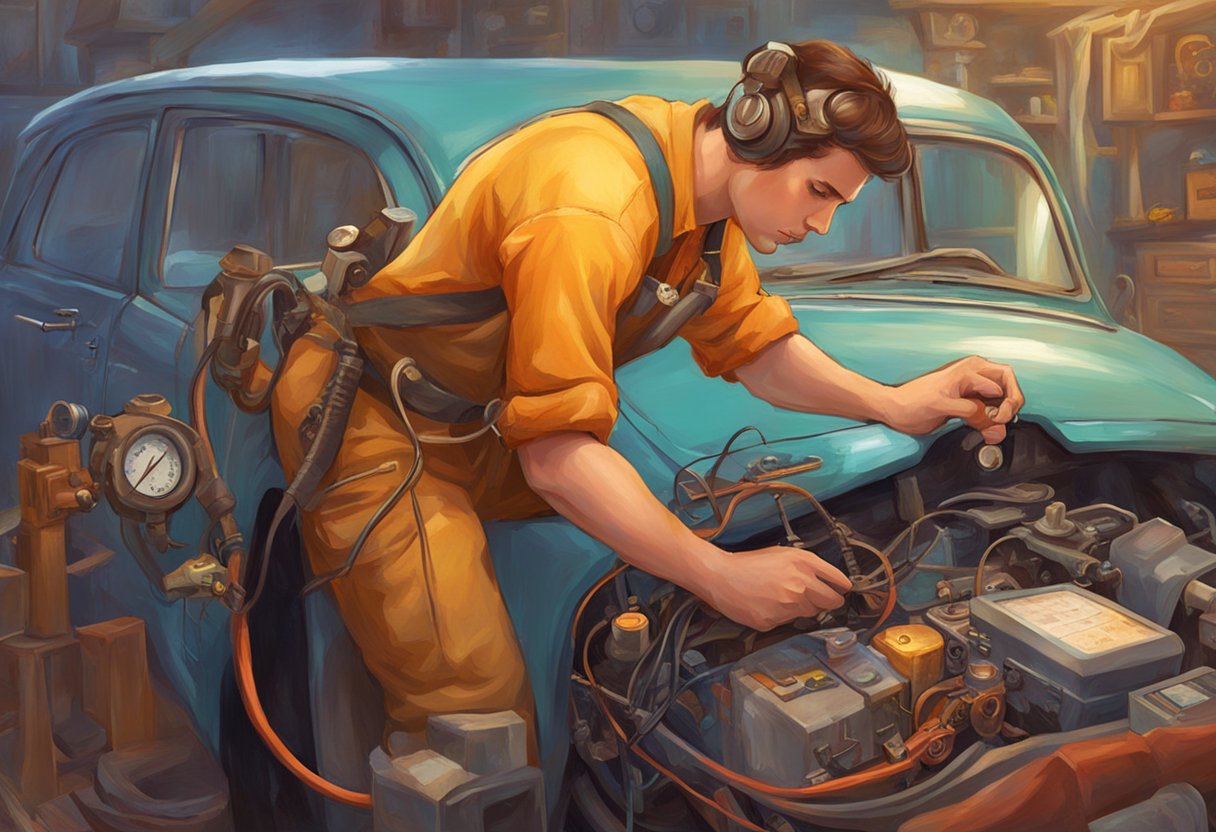 A mechanic diagnosing a car's throttle position sensor issue using a multimeter and referencing an online FAQ page for troubleshooting