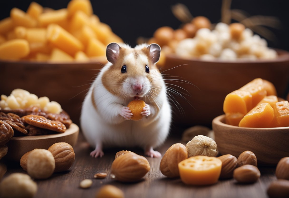 A hamster surrounded by a variety of food items, with a raisin in its mouth