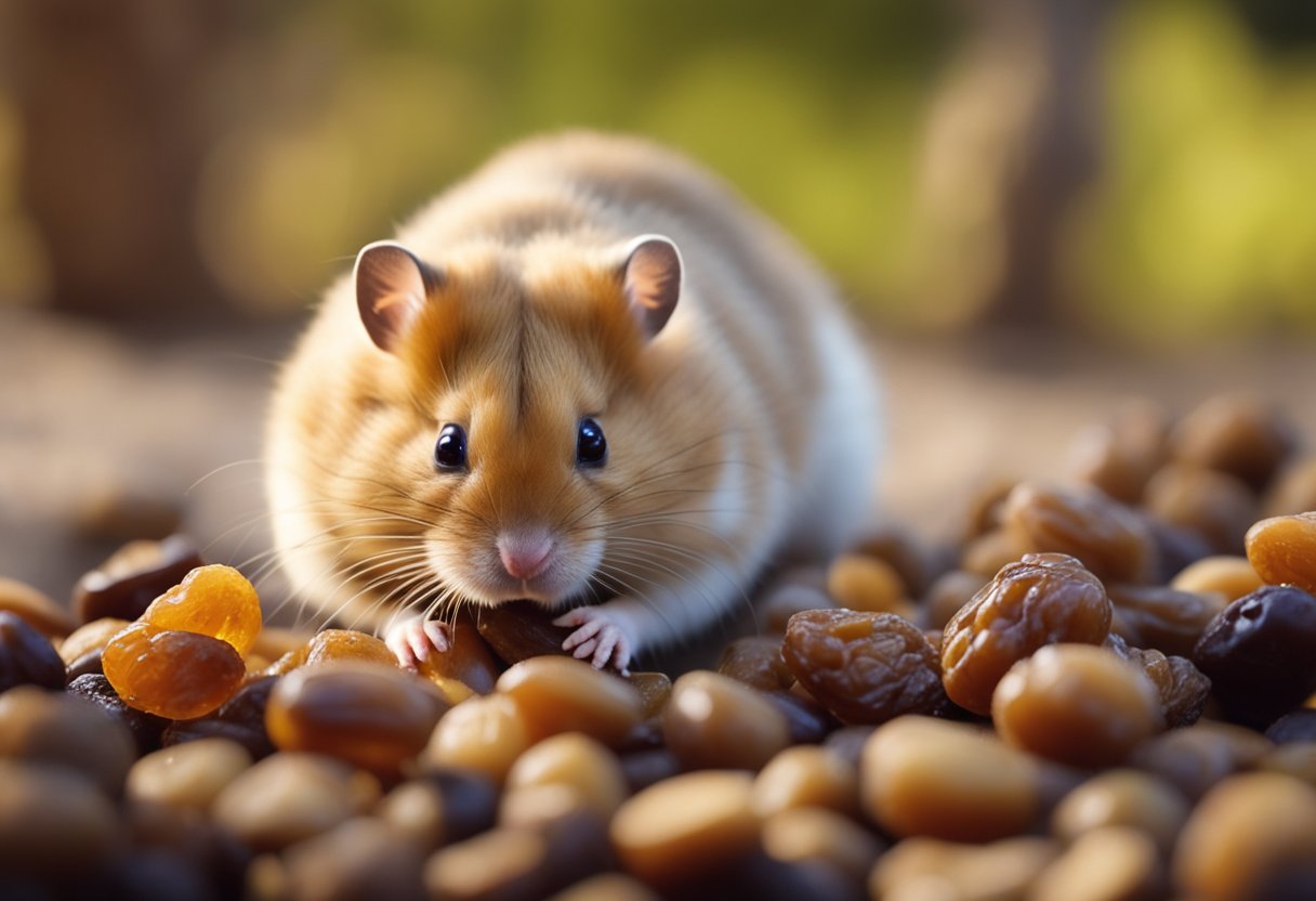A hamster eagerly nibbles on a small pile of raisins, its whiskers twitching with delight