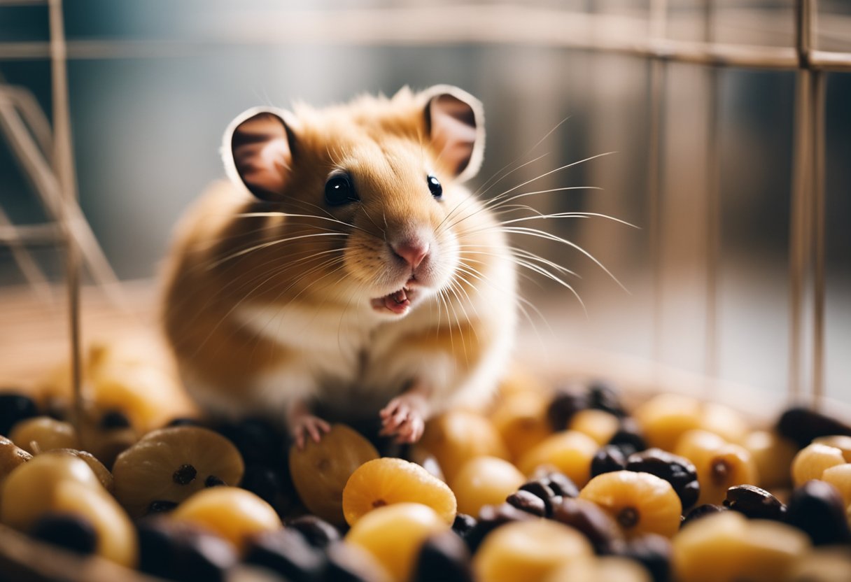 A hamster sitting in its cage, surrounded by a few scattered raisins, with a curious expression on its face