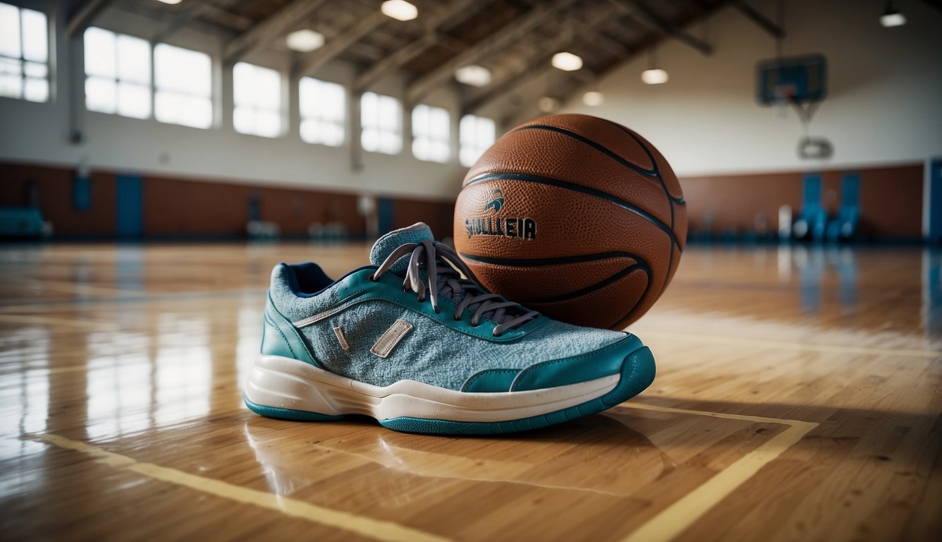 A basketball lying on a hardwood court, surrounded by empty water bottles and a discarded towel. The gymnasium is empty, with the sound of sneakers squeaking fading away