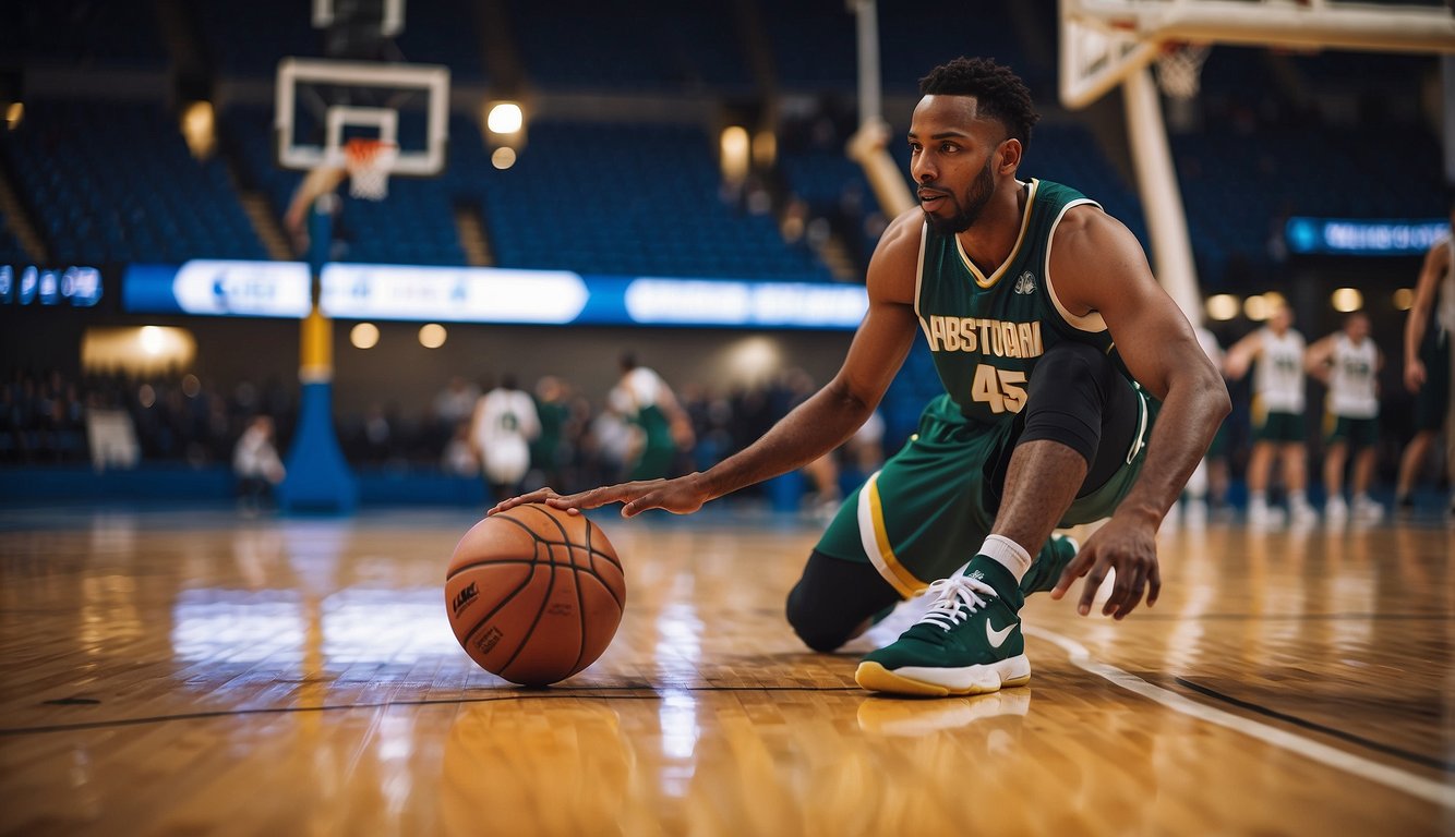 A basketball court with a player stretching before a game