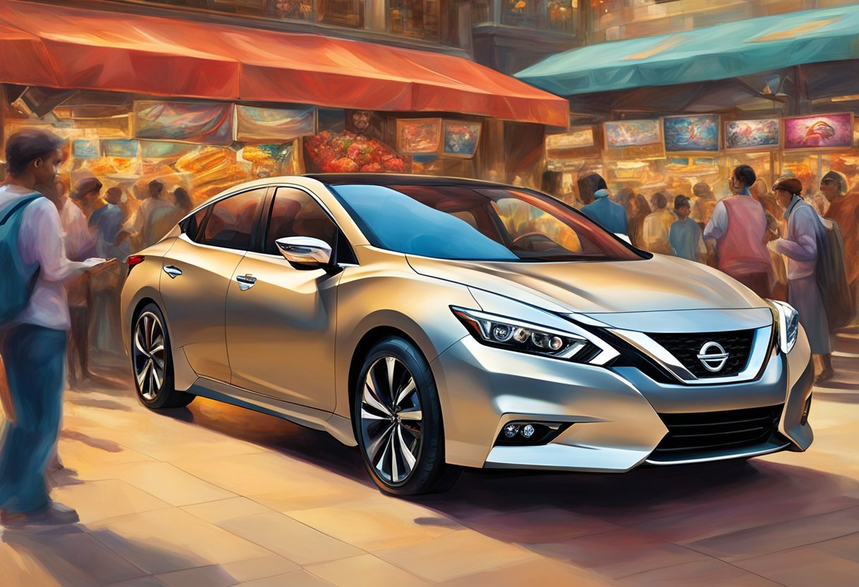 A Nissan CVT sits on display in a bustling market, surrounded by eager shoppers and vendors. Its sleek design and advanced technology make it a standout among the other vehicles