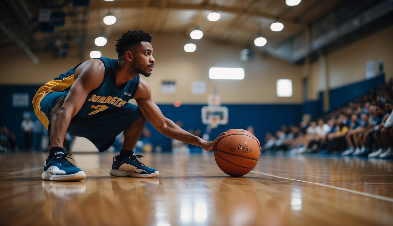 A basketball court with a player stretching before the game