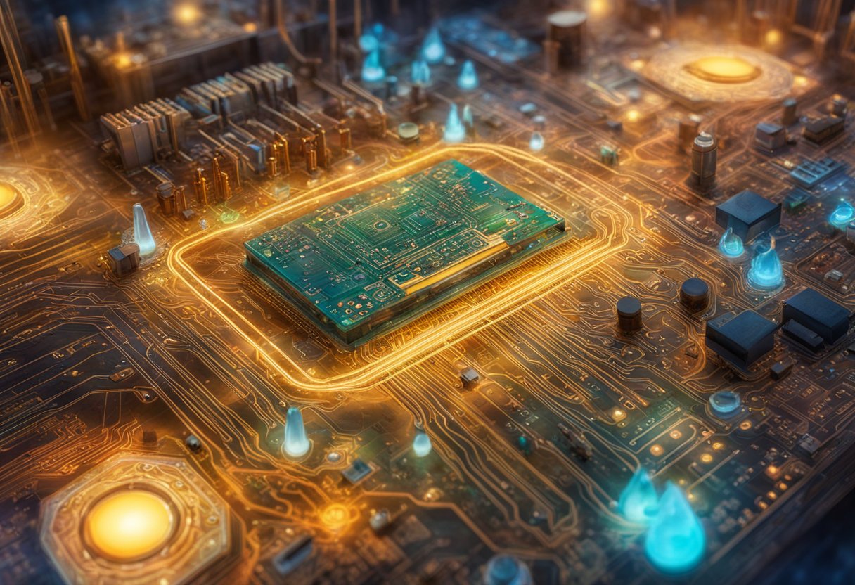 A circuit board with various electrical components and wiring interconnected