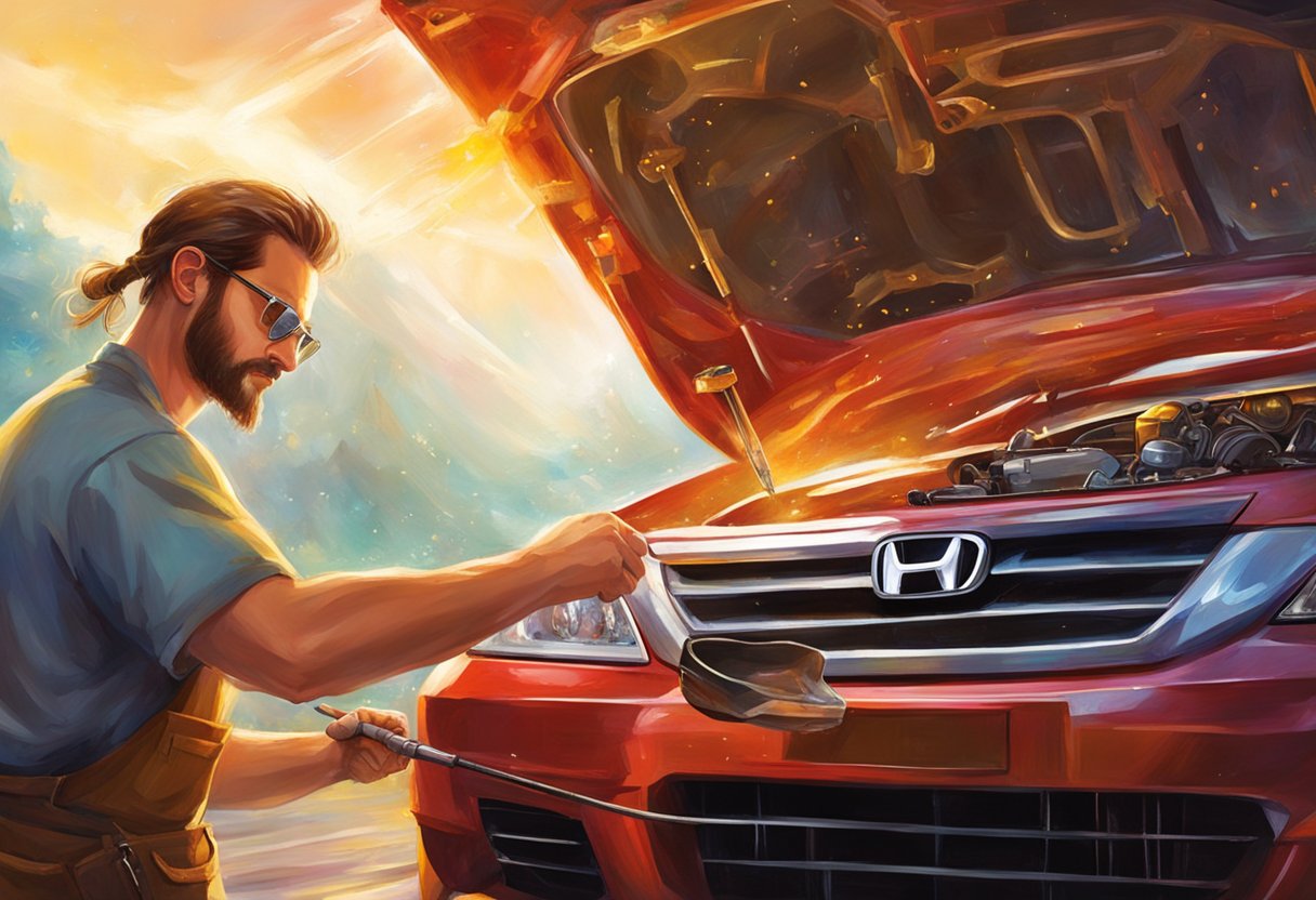 The mechanic pours new oil into the Honda Accord's engine, ensuring it is filled to the recommended level for optimal performance