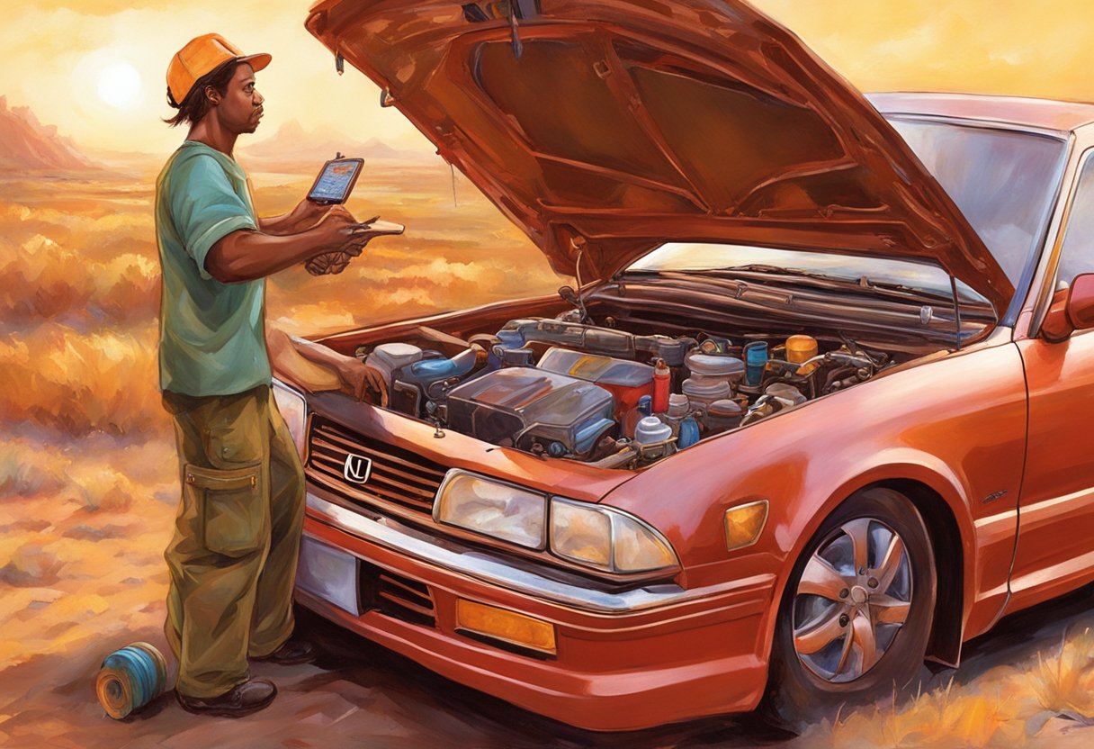 A mechanic checks the oil level in a 2008 Honda Accord engine, with a toolbox and diagnostic equipment nearby