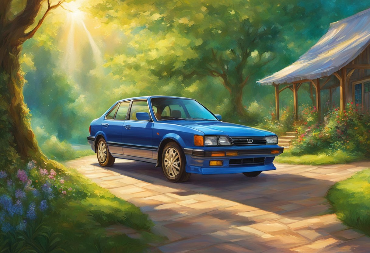 A Honda Accord parked in a sunny driveway, surrounded by lush green trees and a clear blue sky, with a mechanic pouring oil into the engine