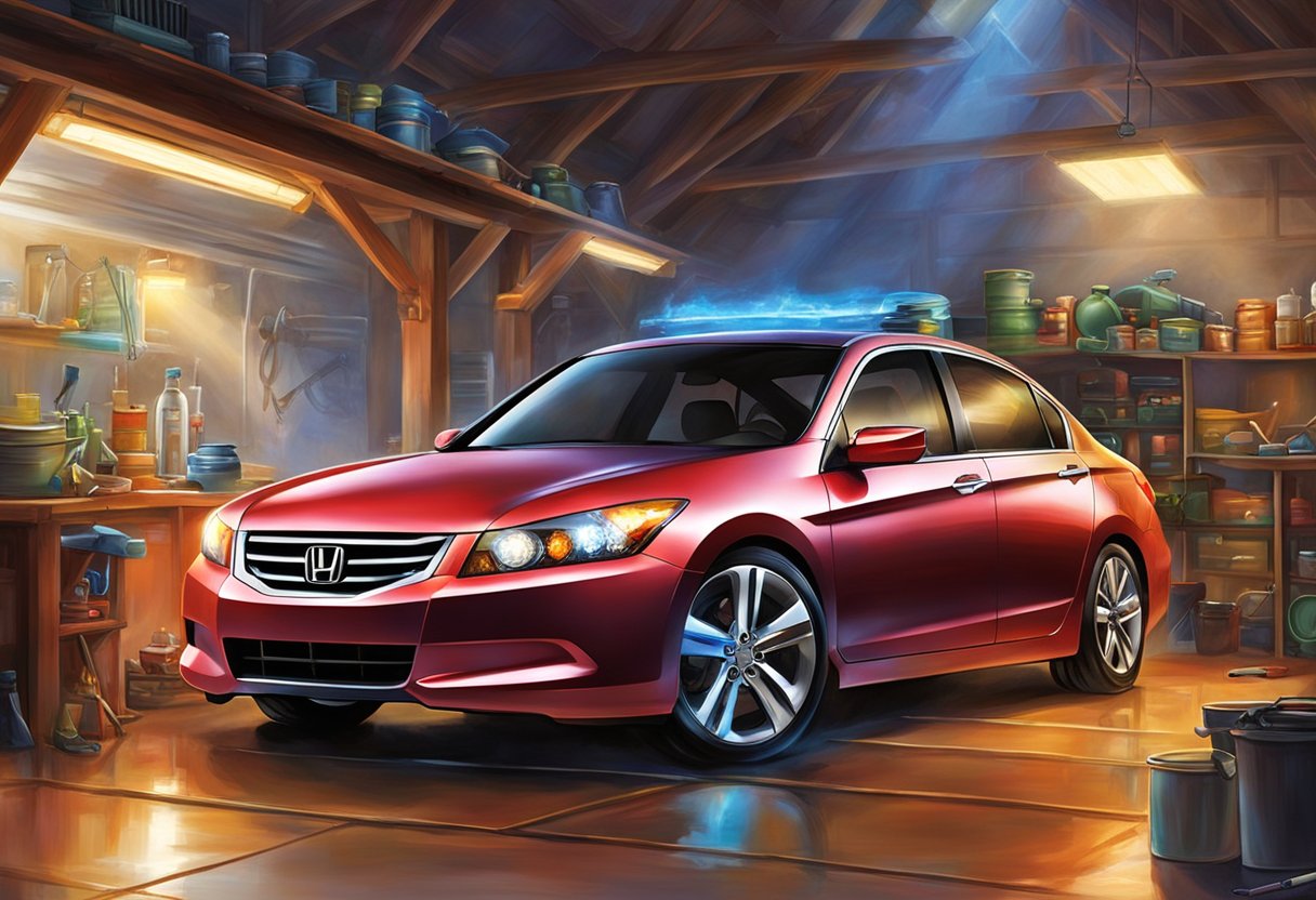 A 2008 Honda Accord sits in a well-lit garage, its hood open to reveal a fresh oil change being performed by a mechanic. Various oil maintenance products and tools are neatly organized nearby