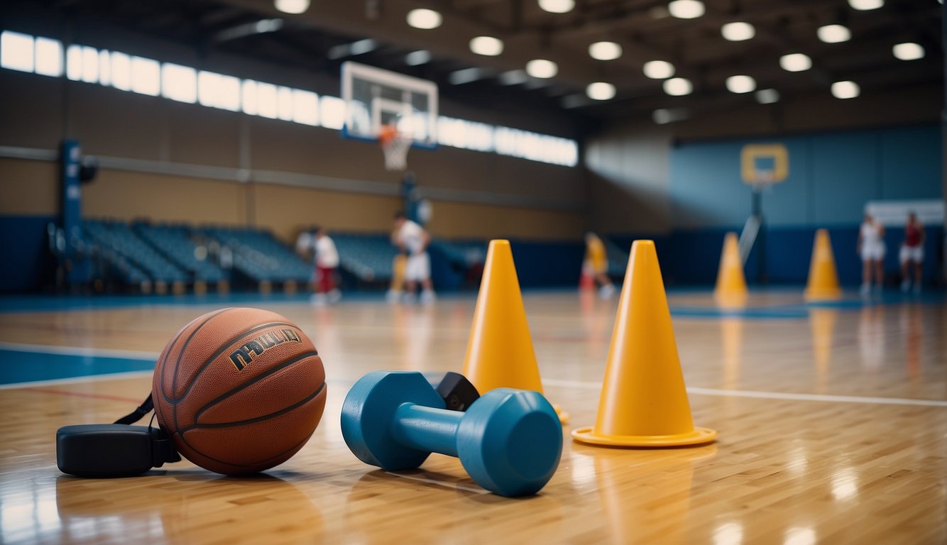 A basketball court with agility cones, weightlifting equipment, and a stopwatch for timing drills