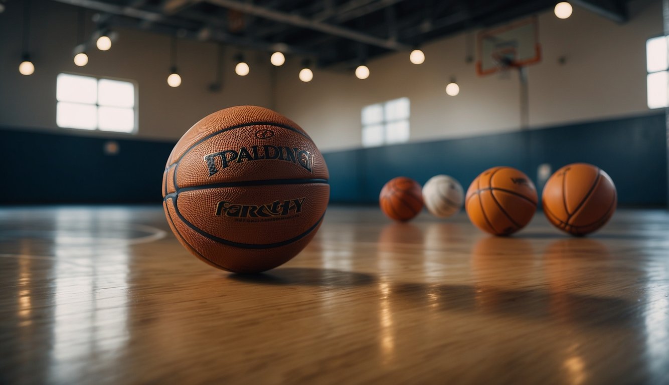 Basketball court with agility ladder, cones, and medicine balls. Trainer demonstrating dribbling, shooting, and defensive footwork drills