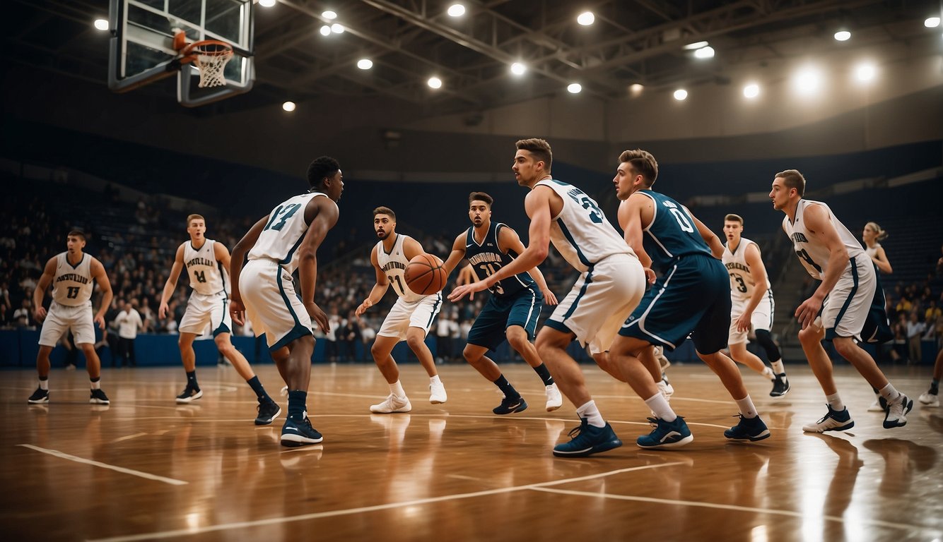 A basketball court with players in motion, displaying agility, speed, and coordination